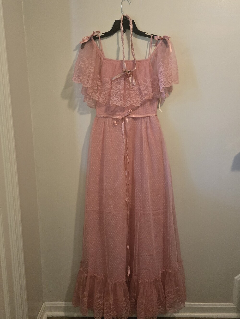 Vintage 70s Maxi Gown Rose Pink Size 9, Bridal Lace Formal Fairy Theater Dance